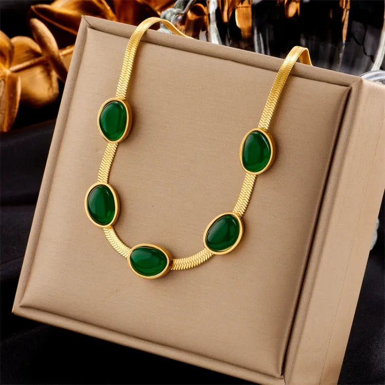 Gold-Plated Green Crystal Women’s Necklace Set (Necklace +Bracelet +Earrings)