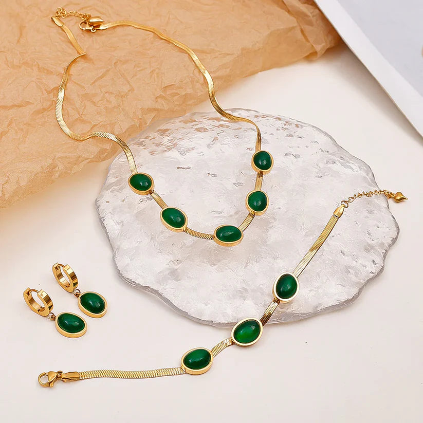 Gold-Plated Green Crystal Women’s Necklace Set (Necklace +Bracelet +Earrings)