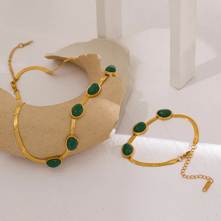 Gold-Plated Green Crystal Women’s Necklace Set (Necklace +Bracelet +Earrings)