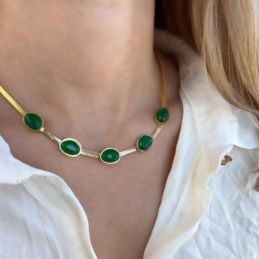 Gold-Plated Green Crystal Women’s Necklace Set (Necklace +Bracelet +Earrings)