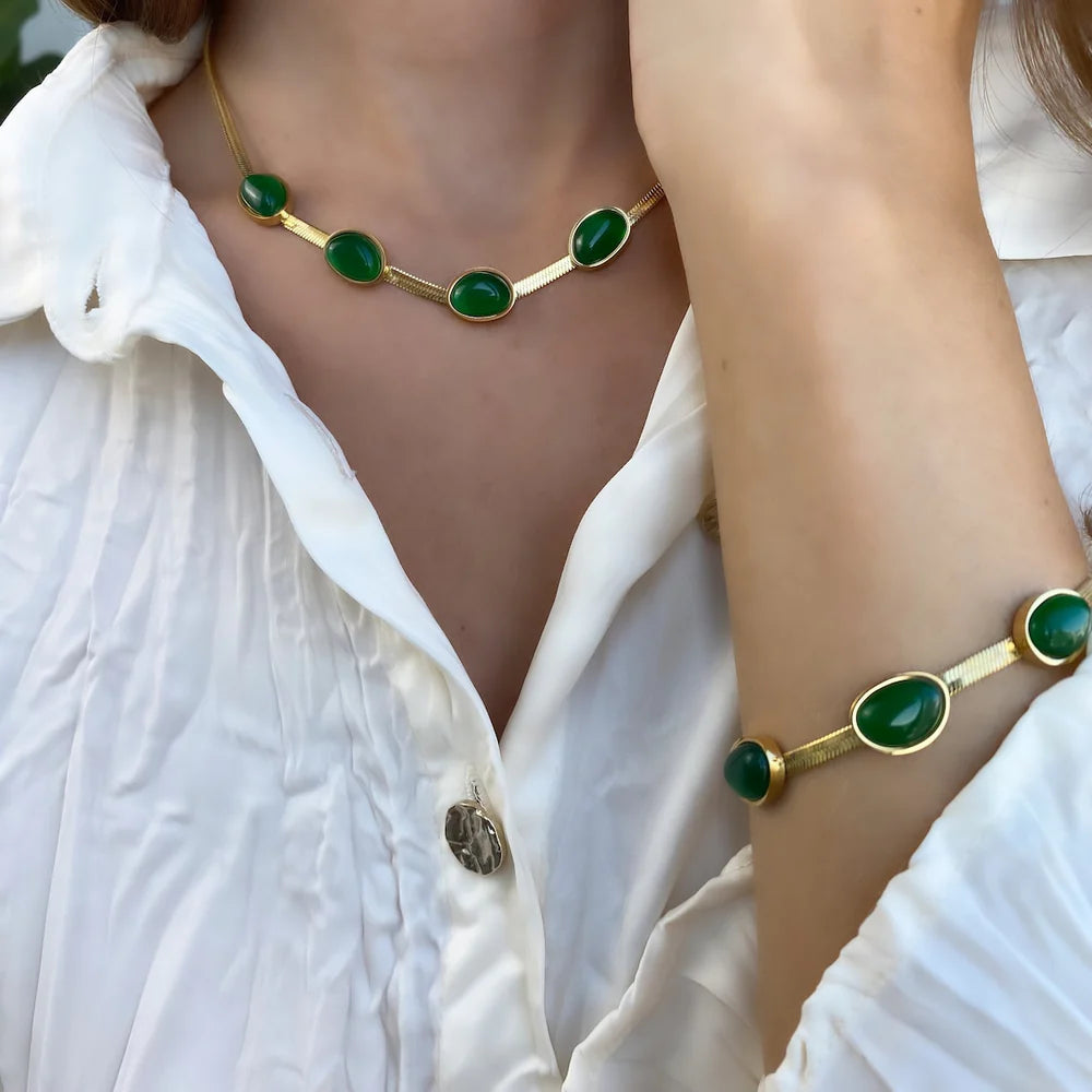 Gold-Plated Green Crystal Women’s Necklace Set (Necklace +Bracelet +Earrings)