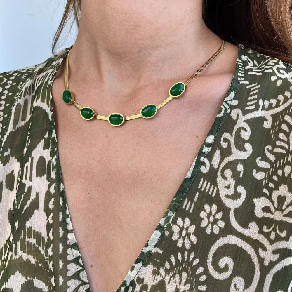 Gold-Plated Green Crystal Women’s Necklace Set (Necklace +Bracelet +Earrings)